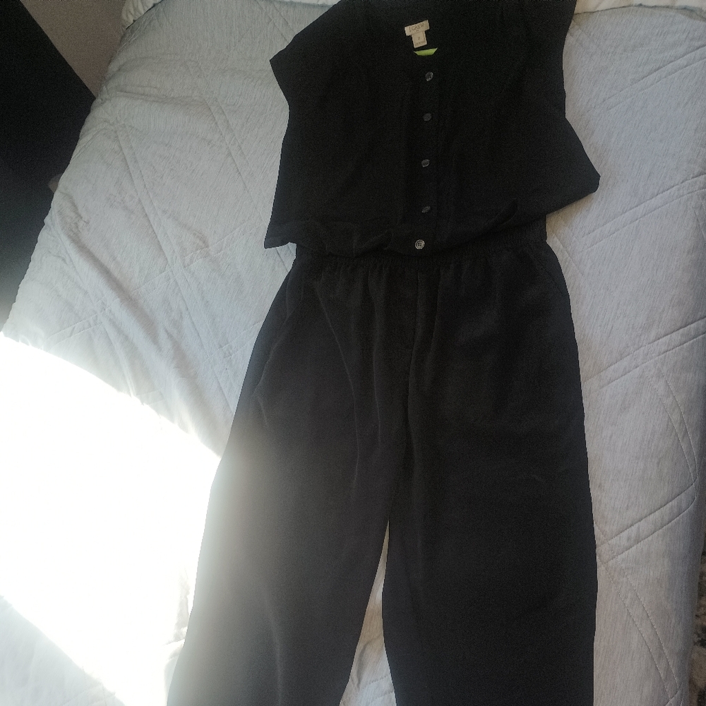 Size 2 JCrew silk feel, button up from elastic waist, blk jumpsuit